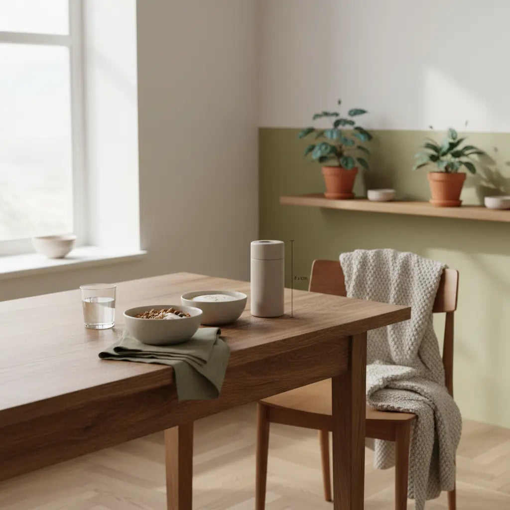 Minimalistisches veganes Frühstück mit Granola, Joghurt, Nüssen und Shake in Keramikschalen auf nachhaltigem Tisch im Morgenlicht, warme Erdtöne – schnell fit werden