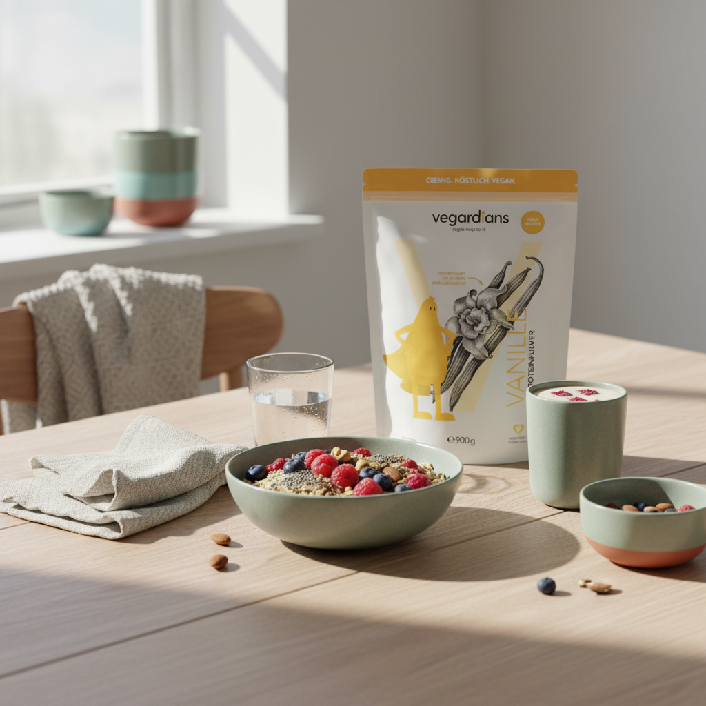 Veganes proteinreiches Frühstück mit Hafer, Beeren, Nüssen, Glas Wasser und Produkt aus den Referenzfotos auf nachhaltigem Holztisch im Morgenlicht, salbei Akzente, schnell Körperfett verlieren