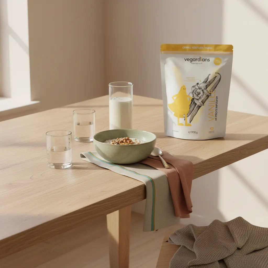 Minimalistische europäische Frühstücksszene mit veganer Protein-Mahlzeit auf nachhaltigem Holztisch, klares Wasserglas und Akzente #4A9A9E & #B0BF71, um schnell Körperfett zu verlieren