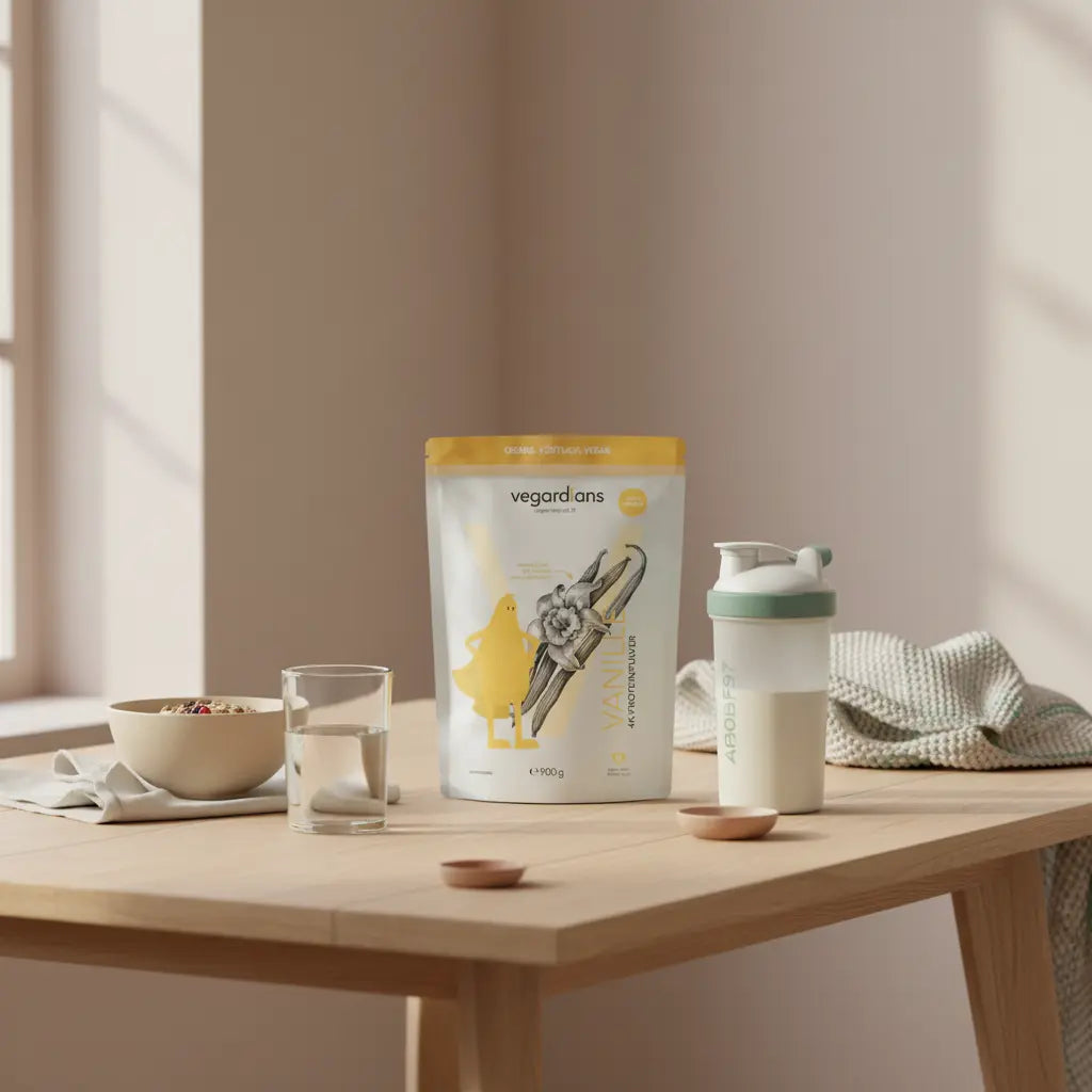 Minimalistisches veganes Frühstück mit Müsli, Proteinshake (Produkt aus Referenzfotos) und Wasserglas auf nachhaltigem Holztisch in heller Küche, geeignet für schnell muskeln aufbauen