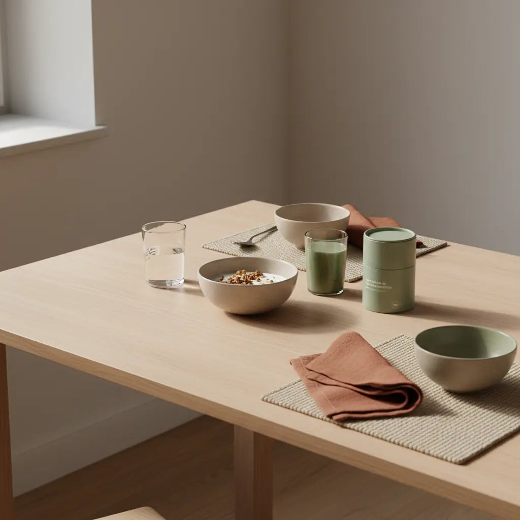 Morgendliche europäische Küchenaufnahme mit veganes Frühstück: Müsli, pflanzlicher Joghurt, Nüsse, proteinreicher Shake und Produkt auf nachhaltigem Holztisch – schnell und gesund abnehmen