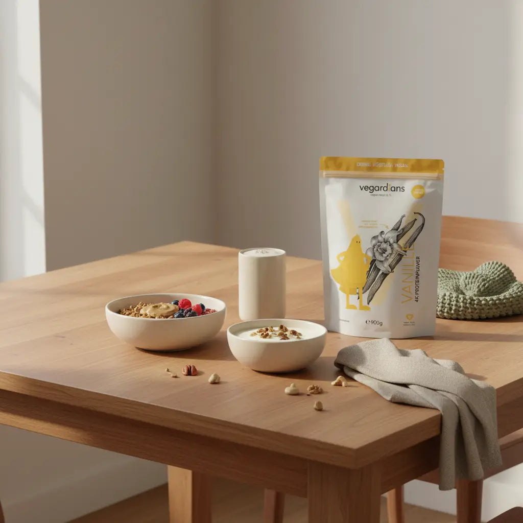 Veganer, kaloriendichter Frühstückstisch in europäischer Küche im Morgenlicht mit Müsli, Nüssen und Shake, Produkt aus Referenzfotos sichtbar, schnell zunehmen