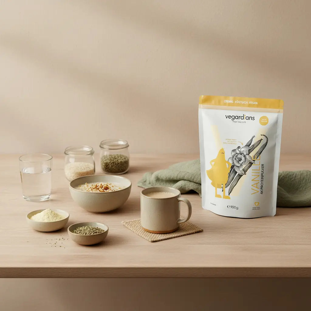 Minimalistische europäische Küchenszene mit veganem Müsli, Pflanzenshake, Glas Wasser und Zutaten (Erbsenprotein, Reis, Hanf) in sanftem Morgenlicht für schneller muskelaufbau.