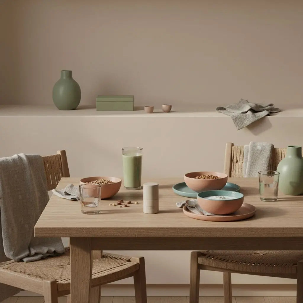 Minimalistischer Frühstückstisch in europäischer Küche mit Granola, pflanzlichem Joghurt, Nüssen und Shake neben dem Produkt; Sind 20 Minuten Sport am Tag genug?