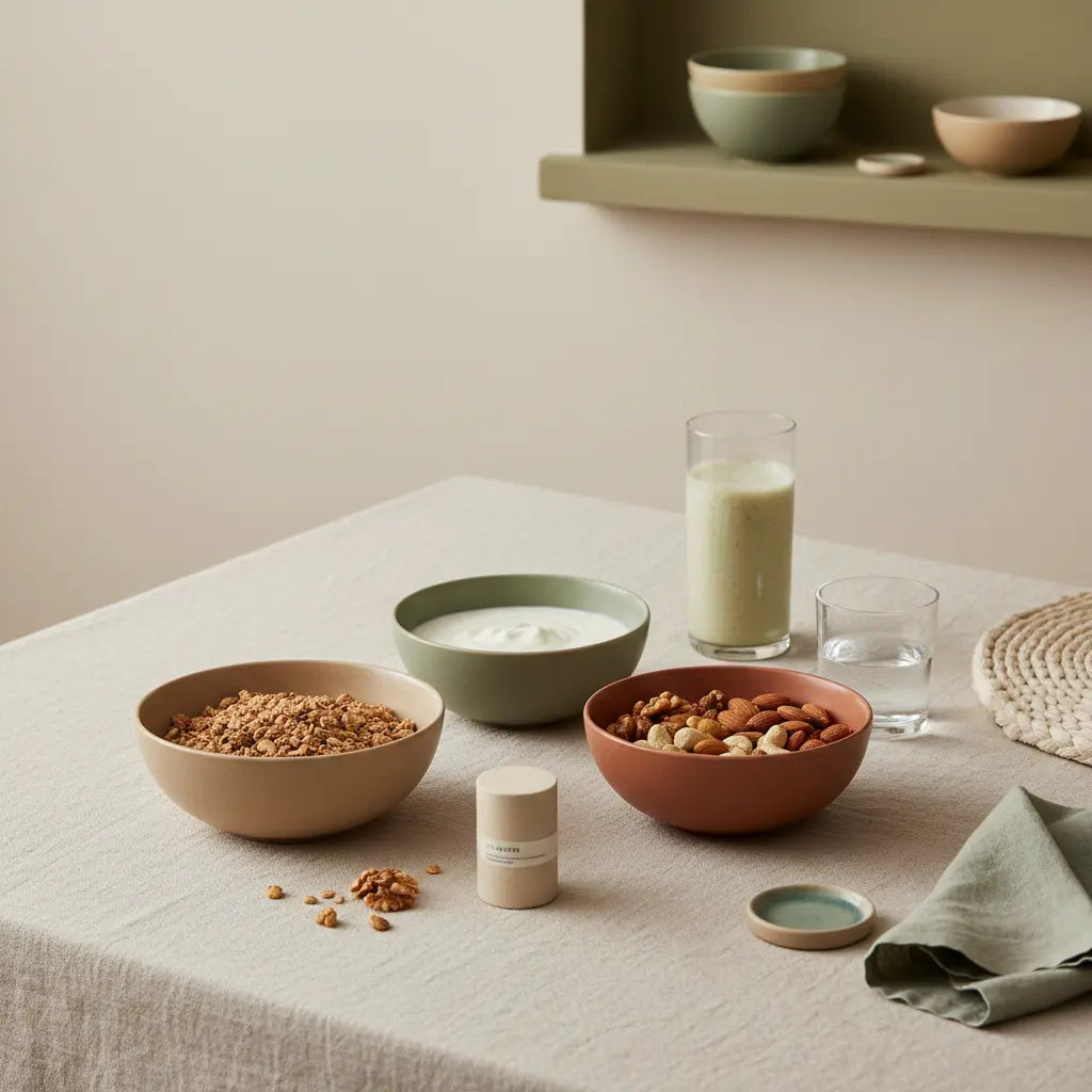 Nachhaltiger Frühstückstisch mit Granola, Joghurt, Nüssen und pflanzlichem Shake in einer hellen europäischen Küche – Sind Eier gut bei Niereninsuffizienz