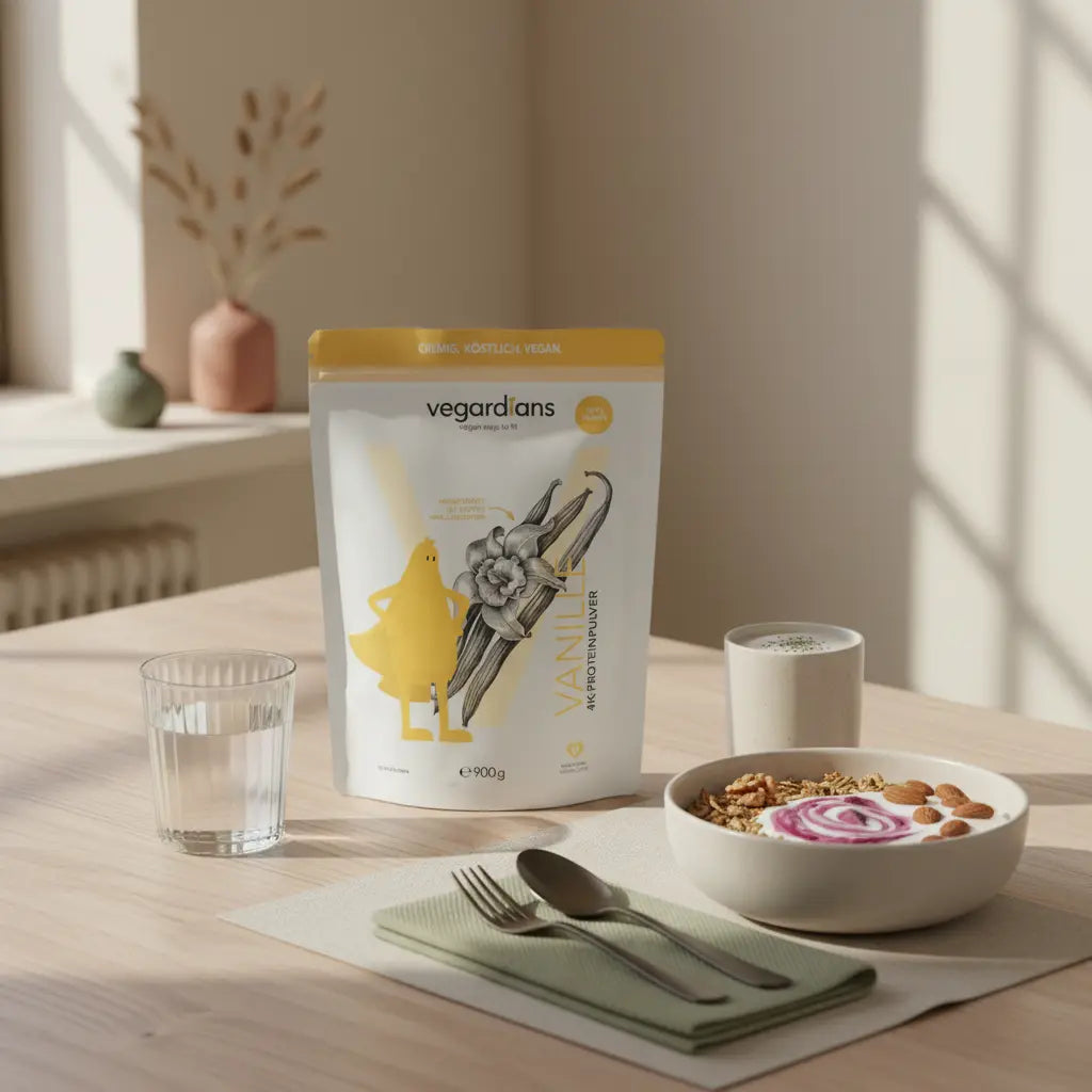 Minimalistische Morgenküche mit veganem Müsli, Shake, Glas Wasser und dem Produkt aus den Referenzfotos auf nachhaltigem Tisch — Sind Fatburner gut?