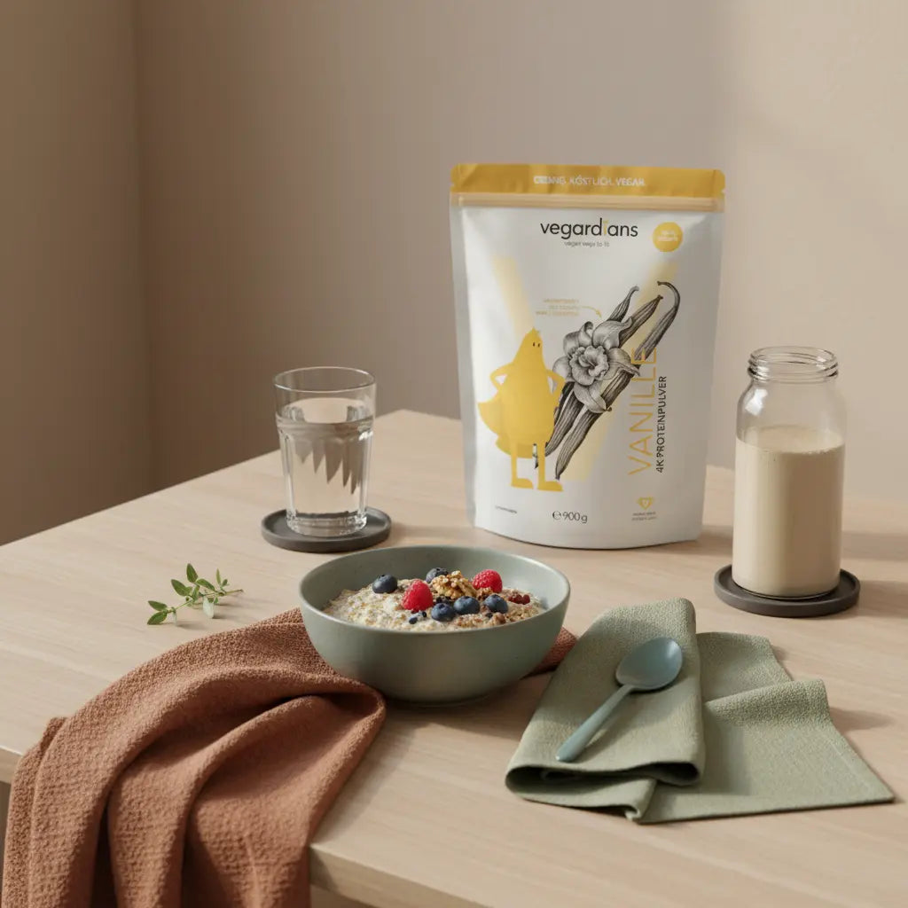 Minimalistisches Morgenfrühstück mit Hafer, Beeren, Nüssen, pflanzlichem Shake und Vegardians‑Produkt auf Holztisch im sanften Morgenlicht — Sixpack mit 50