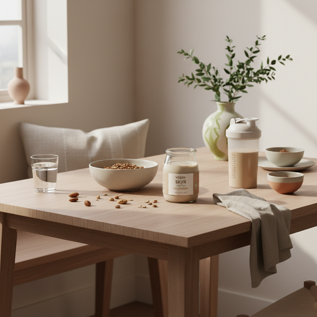 Skyr vegan Frühstück: Schale mit Granola, veganes Skyr-Glas, verstreute Nüsse, Glas Wasser und Shake auf nachhaltigem Tisch im sanften Morgenlicht.