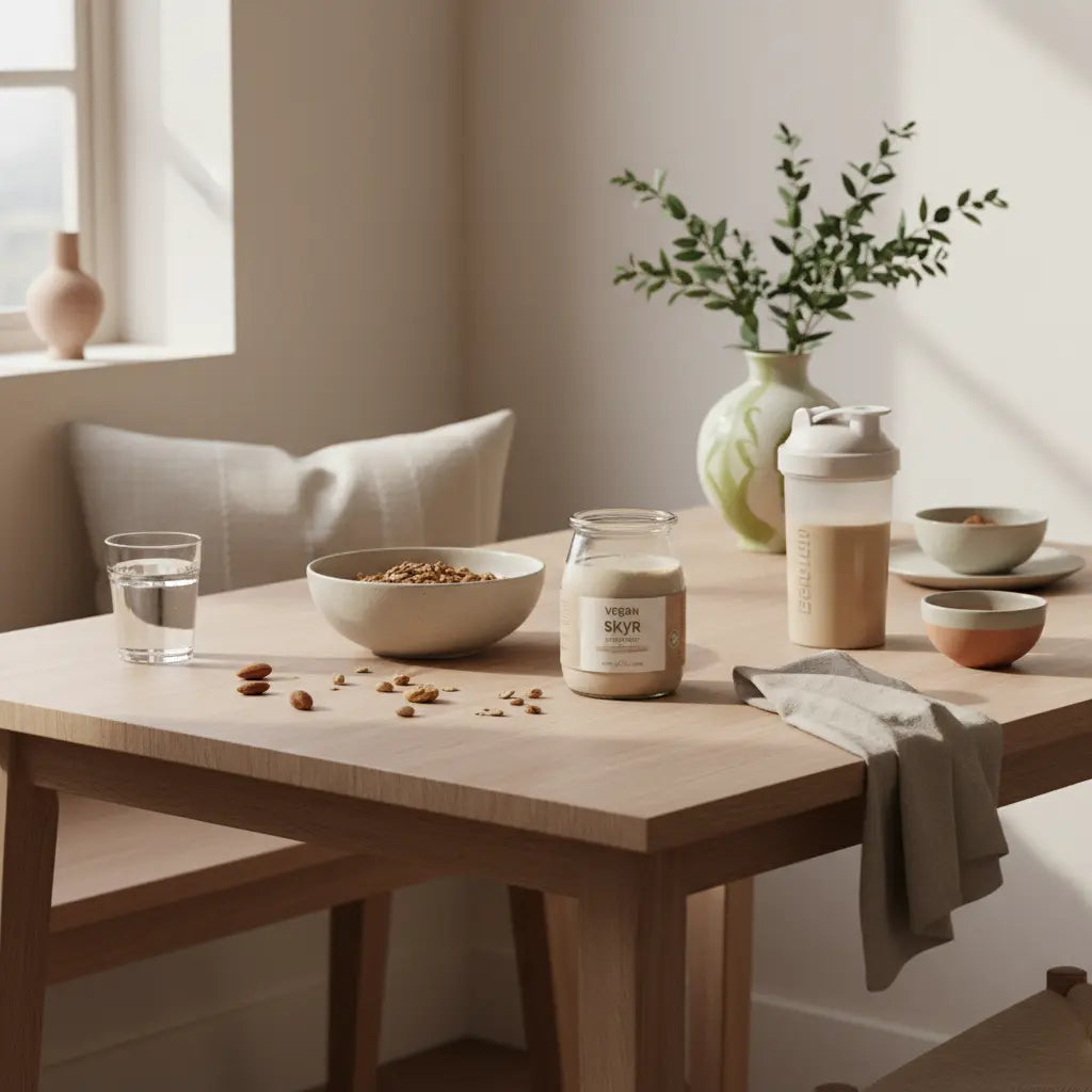 Skyr vegan Frühstück: Schale mit Granola, veganes Skyr-Glas, verstreute Nüsse, Glas Wasser und Shake auf nachhaltigem Tisch im sanften Morgenlicht.