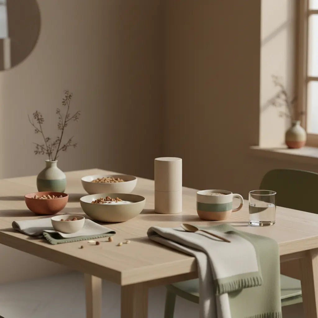 Minimalistisches Frühstück mit Granola, pflanzlichem Joghurt, Nüssen und Shake in einer hellen Küche – Motiv für Sofortmaßnahmen bei Blutarmut