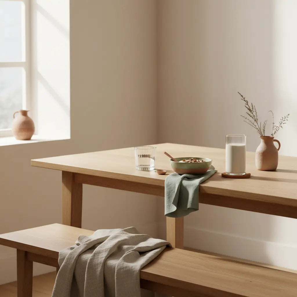 Minimalistisches Frühstück in europäischer Küche mit Granola, pflanzlichem Joghurt, Nüssen und Protein-Shake in nachhaltigem Setting — Sojaprotein Muskelaufbau