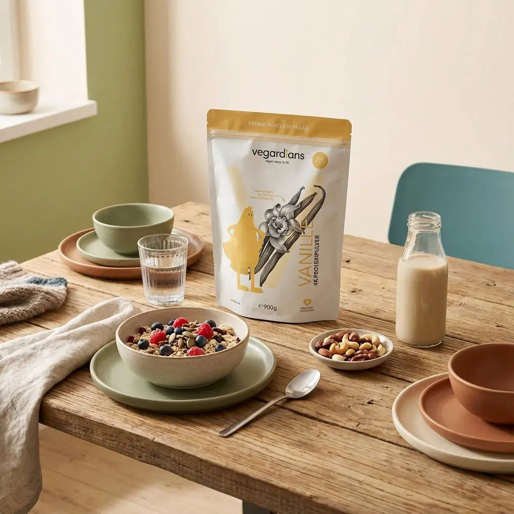 Minimalistisches Morgenfrühstück auf nachhaltigem Holztisch mit Glas Wasser, Müsli, pflanzlichem Joghurt, Nüssen, Shake und Produkt. Speiseplan erstellen lassen