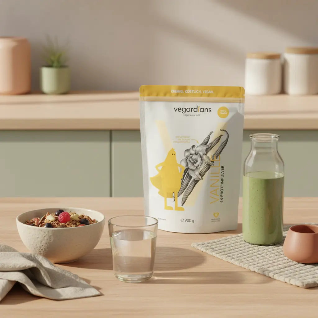 Minimalistische Morgenküche mit Holztisch, Müsli, Glas Wasser, grünem Smoothie und dezent platziertem Vegardians-Produkt; natürliche Texturen und Farbpalette – spirulina wirkung