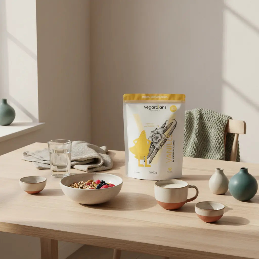 Minimalistische Morgen-Küchenszene mit veganer Schüssel, Glas Wasser und neutralem Proteinshake auf nachhaltigem Holztisch, dezent das Produkt aus den Referenzfotos – Sportarten zum Abnehmen