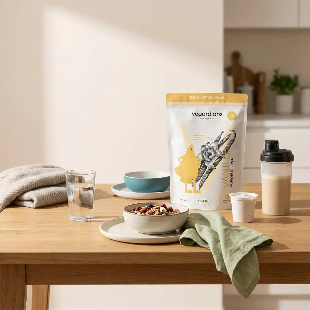 Minimalistisches Frühstück auf Holztisch mit Müsli, pflanzlichem Joghurt, Shake und Glas Wasser im Morgenlicht – Fokus Sporternährung.