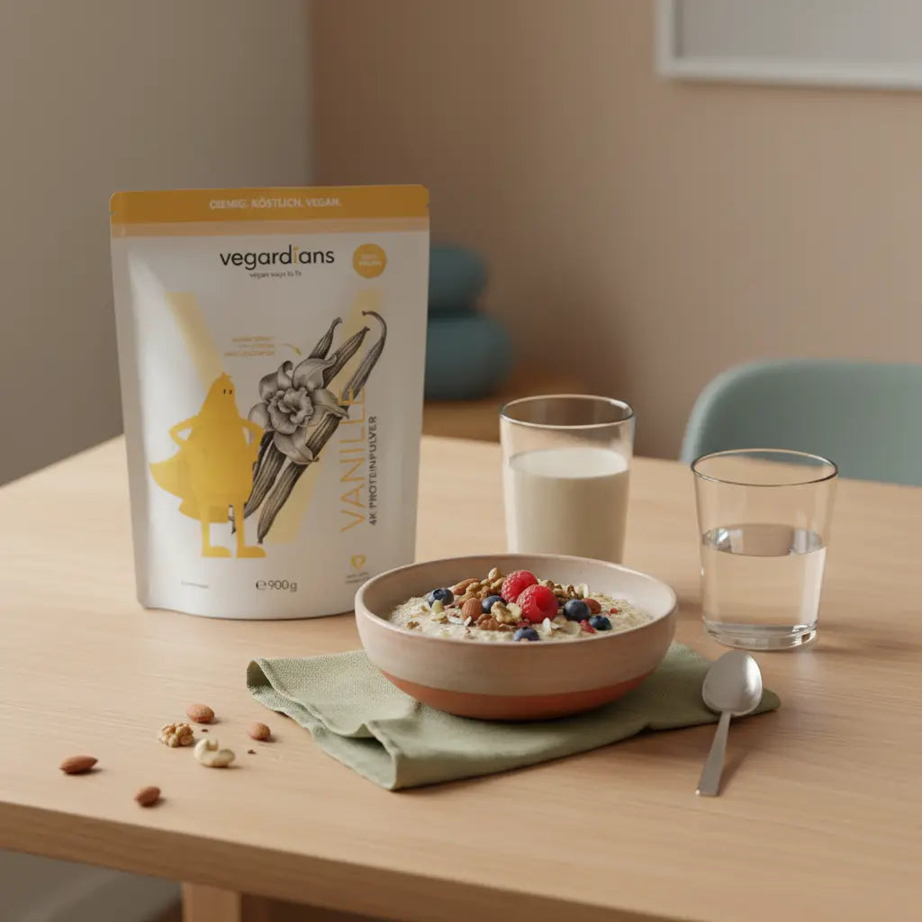 Minimalistisches veganes Frühstück mit Haferbrei, Nüssen, Beeren, Proteinshake und Glas Wasser auf nachhaltigem Holztisch – stilvolle Sporternährung im sanften Morgenlicht
