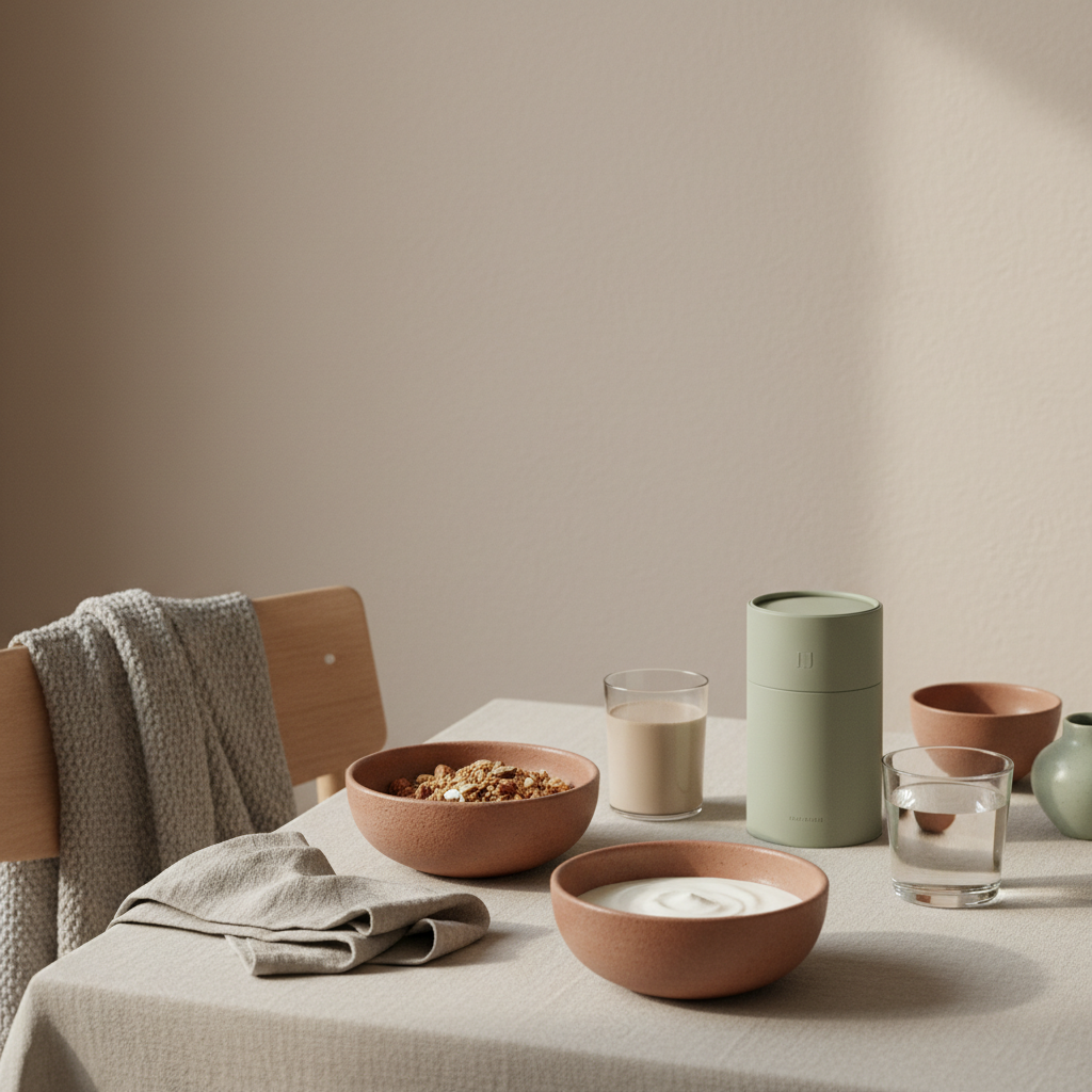 Ruhige Morgenaufnahme einer europäischen Küche mit veganem Frühstück: Granola, Pflanzenjoghurt, Nüsse, Shake und nachhaltiges Gedeck — stärkste Mensch der Welt vegan