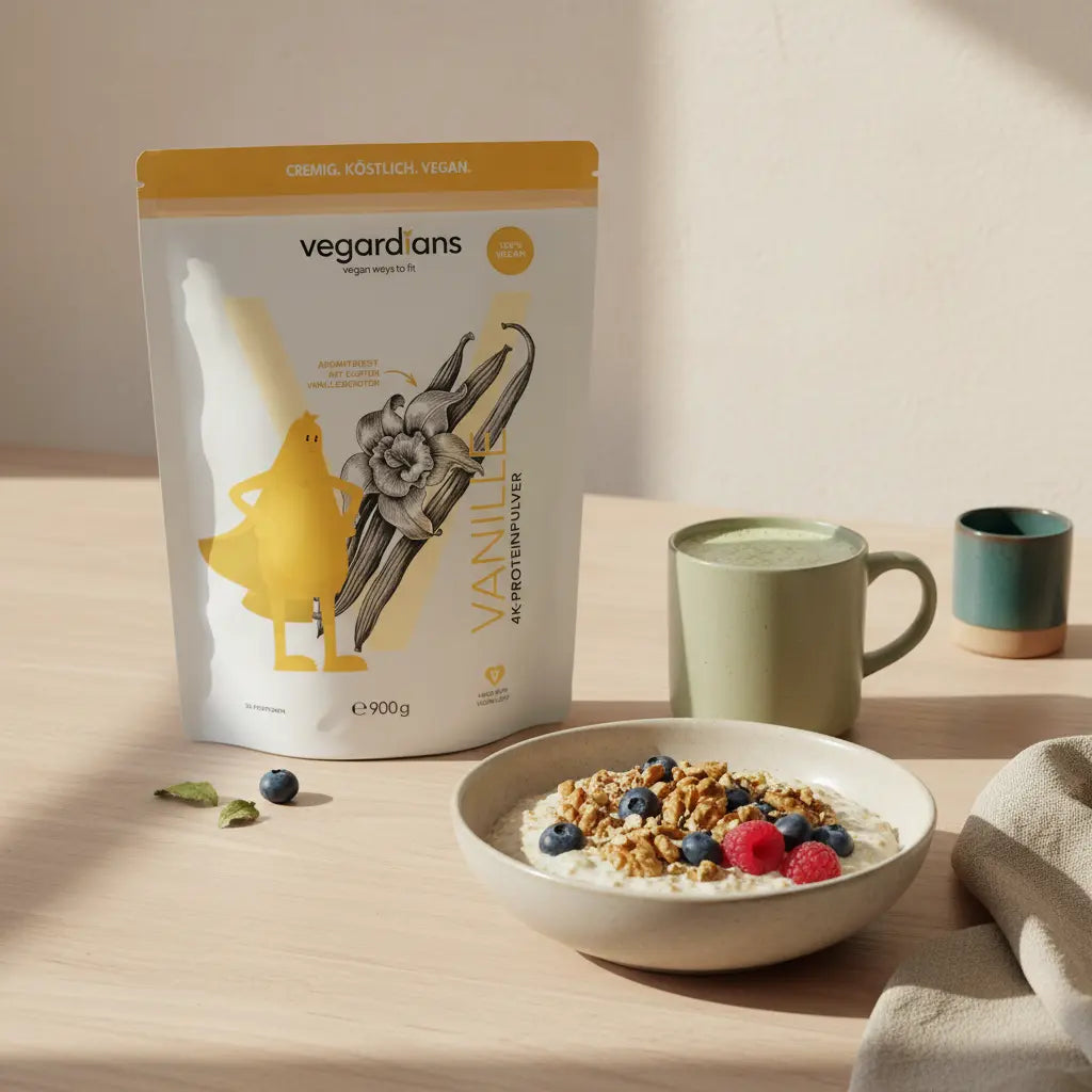 Vegardians-Produkt neben Haferbrei mit Nüssen und Beeren auf nachhaltigem Tisch im Morgenlicht, natürliche Texturen, ruhige Ästhetik – stärkste Pre-Workout-Booster