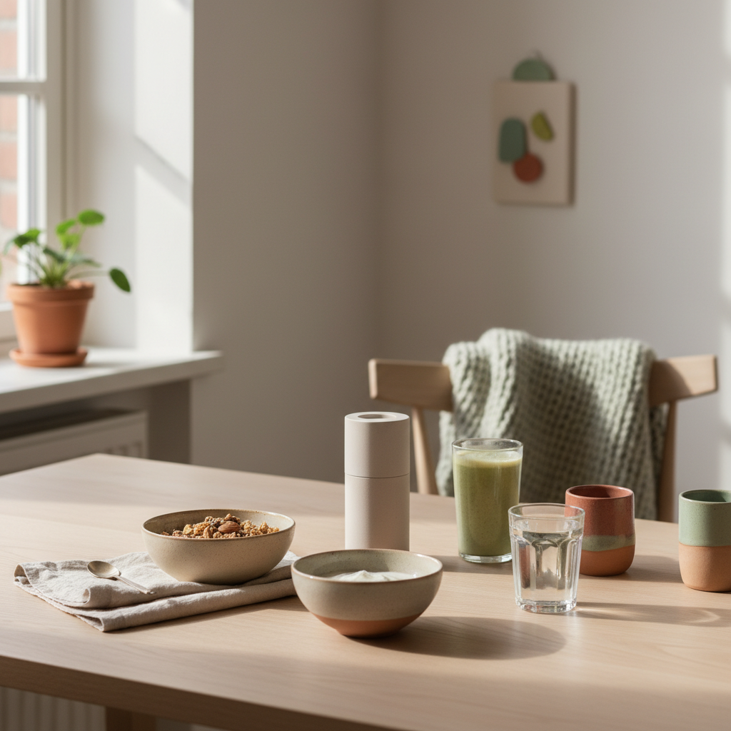Ruhiges, nachhaltiges Frühstück in europäischer Küche bei Morgenlicht mit Granola, pflanzlichem Joghurt und Shake – symbolisch für achtsame Selbstfürsorge und stille Depression.