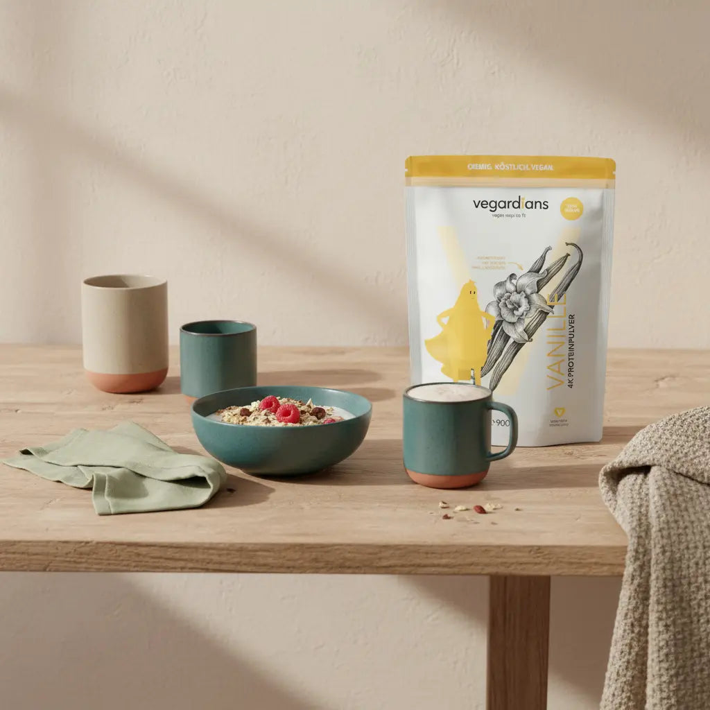 Veganes proteinreiches Frühstück auf nachhaltigem Holztisch im Morgenlicht mit Leinen- und Wolltexturen, dezente Farbtöne – stoffwechsel ankurbeln ab 40