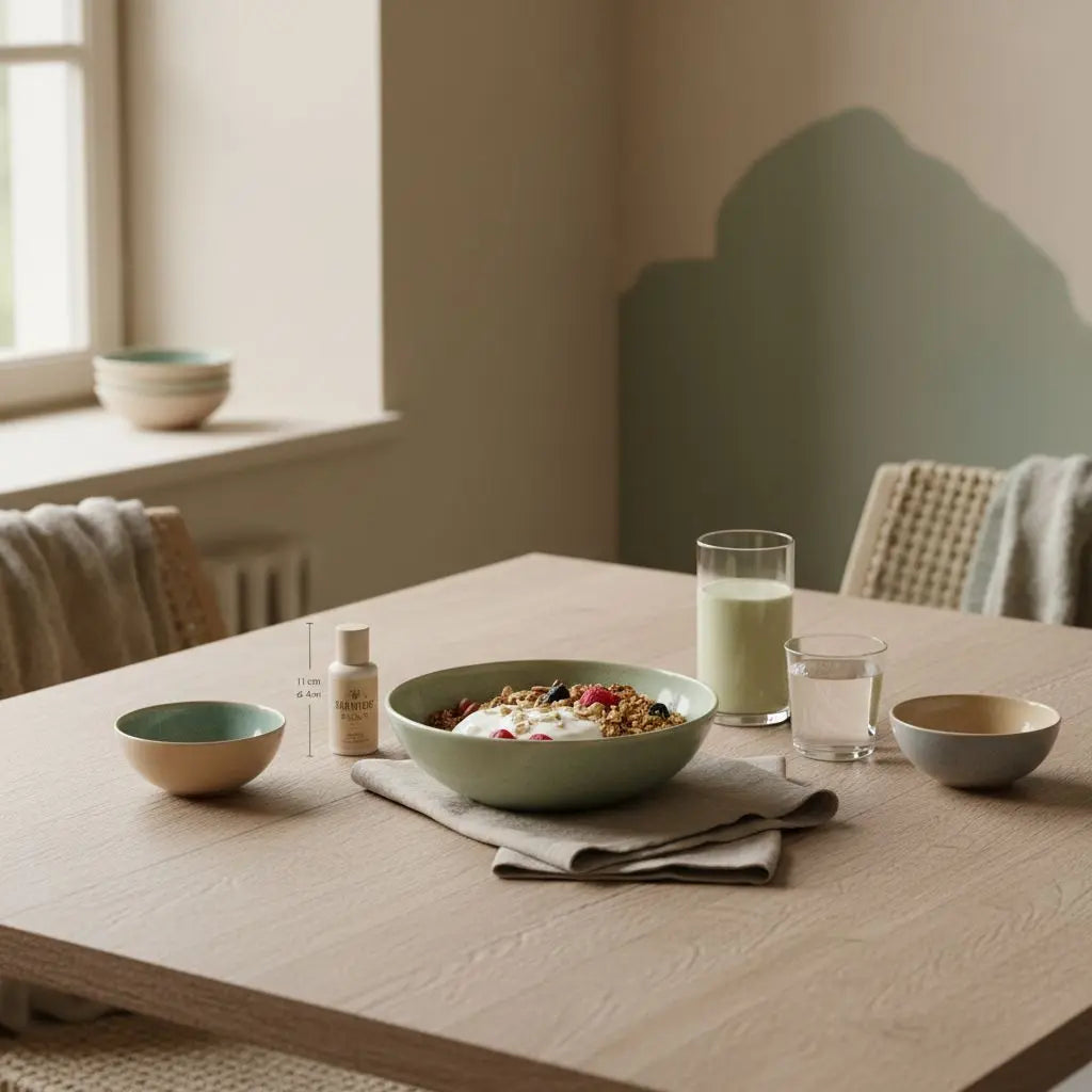 Minimalistisches Frühstück mit Granola, Joghurt, Nüssen, Shake und Glas Wasser in einer europäischen Küche am Morgen – Stoffwechsel ankurbeln