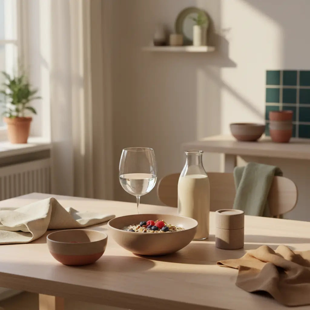 Minimalistische Frühstücksszene auf Holztisch mit veganer Hafer-Schüssel, Ballonglas Wasser und Proteinshake – bewusstes Essen zum stoffwechsel ankurbeln.