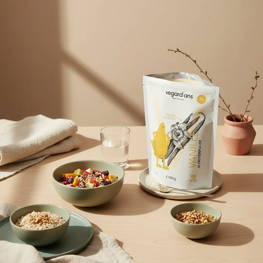 Minimalistische Morgenszene mit veganer Protein-Bowl, Haferflocken mit Nüssen, Glas Wasser und geöffnetem Produkt aus den Referenzfotos auf Holztisch – stoffwechsel anregen