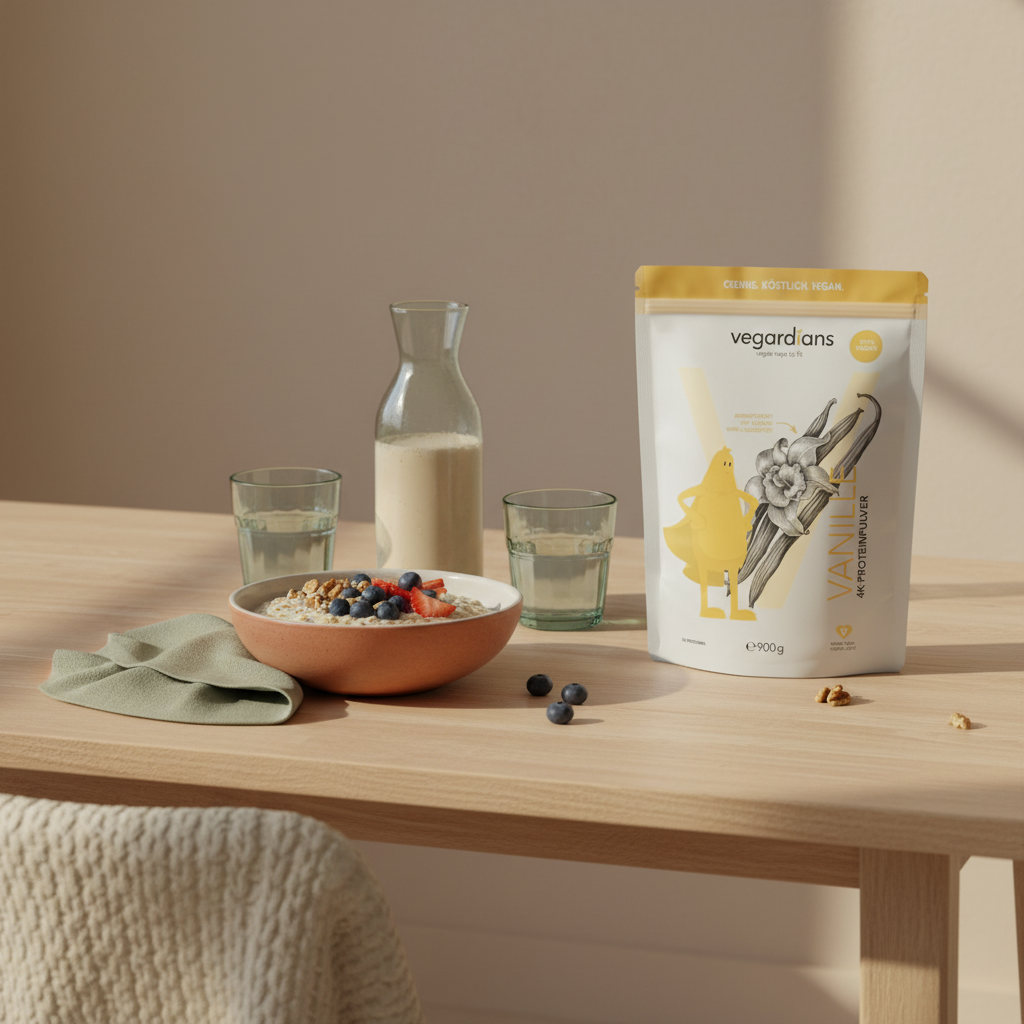 Veganer Haferbrei mit Beeren, Nüssen und Proteinshake auf nachhaltigem Holztisch im Morgenlicht – nährt den Stoffwechsel.