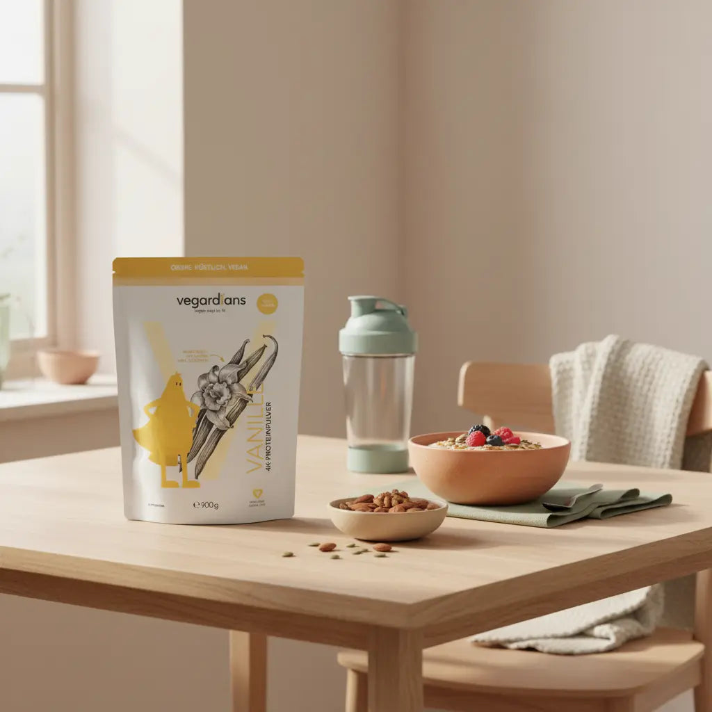 Stoffwechselbeschleuniger auf nachhaltigem Holztisch mit veganem Protein-Porridge, Nüssen und einem Shake in Akzentfarbe #4A9A9E, sanftes Morgenlicht, Salbei- und Terrakotta-Töne