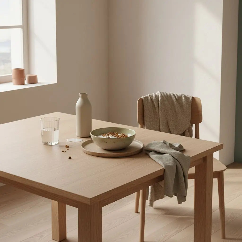 Minimalistisches Frühstück mit Granola, Joghurt, Nüssen und Proteinshake auf einem hellen Vegardians-Tisch – Szene zur stoffwechselkur, ruhig und nährend.