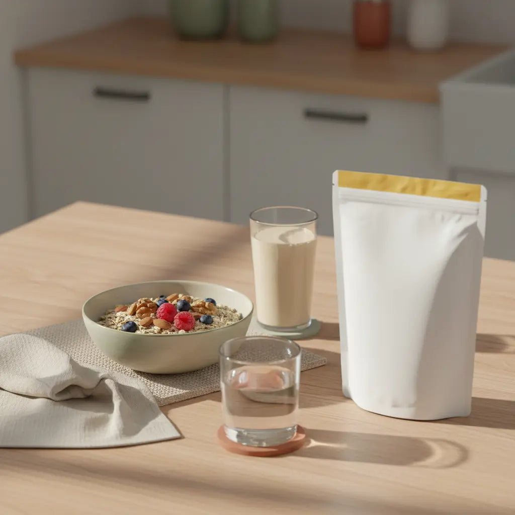 Veganes Frühstück mit Müsli, Nüssen, Beeren und Proteinshake auf Holztisch mit Produkt aus den Referenzfotos — Supplemente Muskelaufbau im ruhigen Morgenlicht