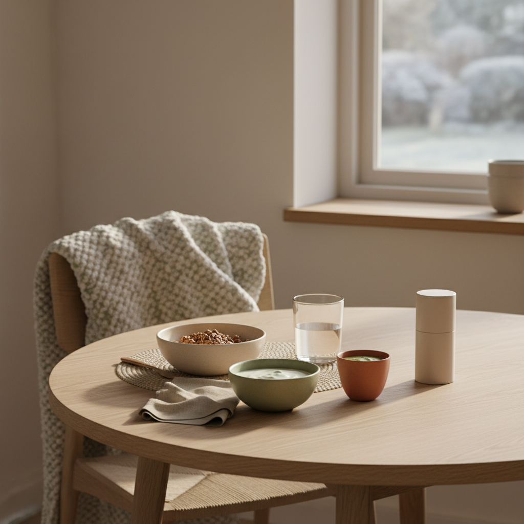 Minimalistisches Frühstück in heller europäischer Küche mit veganem Granola, Joghurt, Nüssen und Shake auf nachhaltigem Tisch, natürliche Wintertexturen, symptome proteinmangel