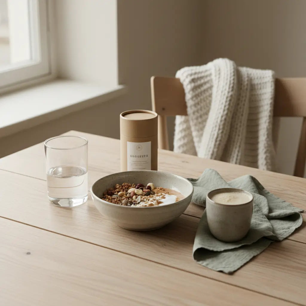 Minimalistisches Frühstück mit Granola, Joghurt, Shake und dem Produkt aus den Referenzfotos in einer ruhigen Küche — Motiv motiviert täglich Gemüse essen.