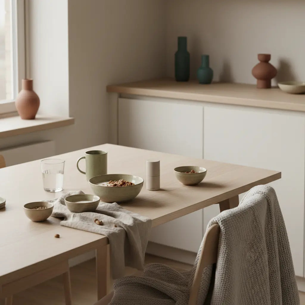 Minimalistische Morgenküche mit veganem Granola, Joghurt, Nüssen und Shake auf nachhaltigem Geschirr, leichten Woll- und Leinen-Texturen – inspiriert für täglich trainieren.