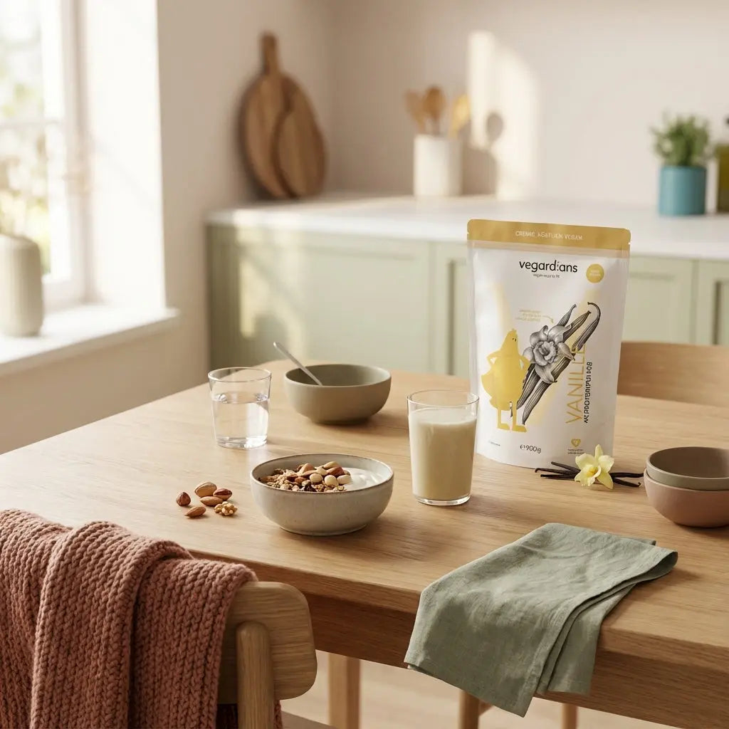 täglicher ernährungsplan: veganes Frühstück mit Müsli, Joghurt, Nüssen und pflanzlichem Shake auf nachhaltigem Holztisch in europäischer Küche im sanften Morgenlicht