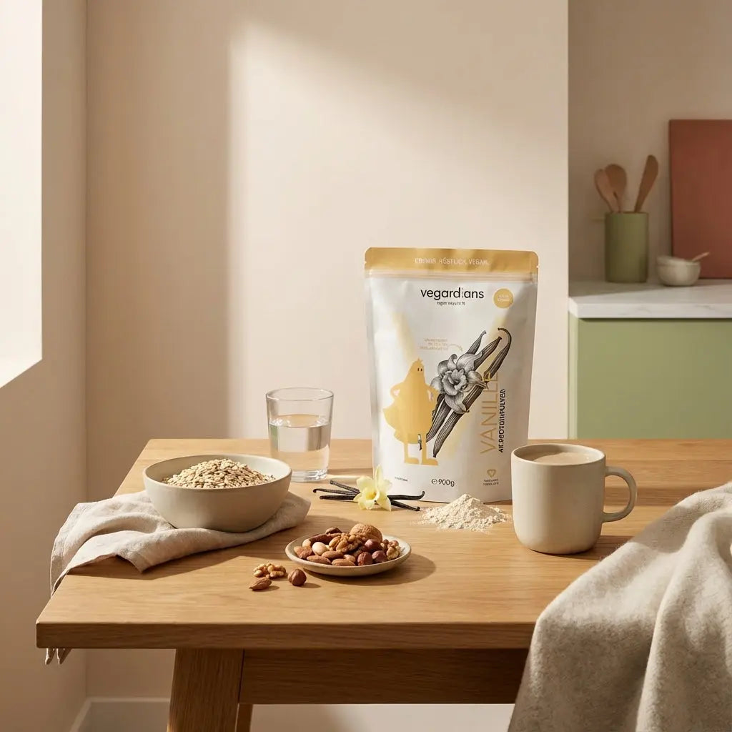 Minimalistische Morgen-Küchenszene mit Holztisch, Schale Haferflocken, Nüssen, Glas Wasser, Proteinshake und Vegardians-Produkt – tägliches bauchtraining sinnvoll