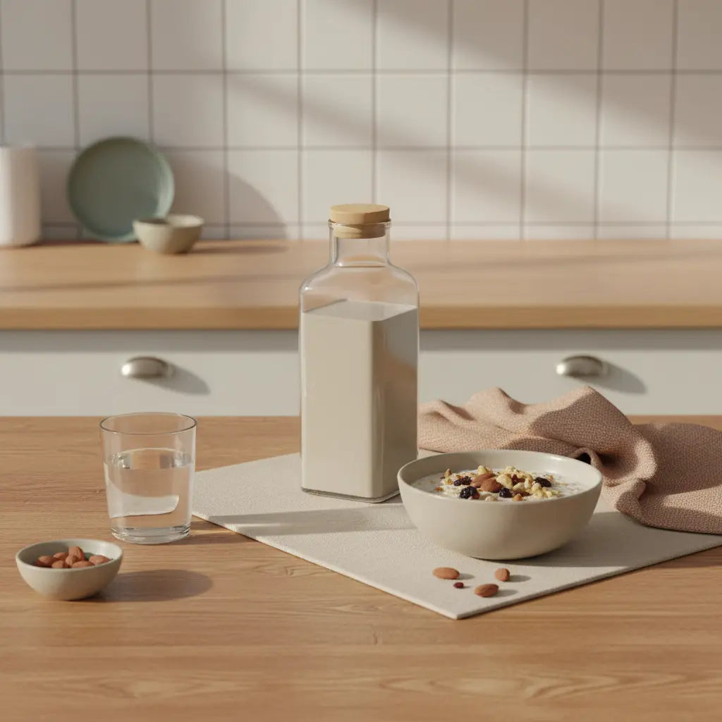 Minimalistische Morgenküche mit Holztisch, Glas Wasser, Schale Haferflocken und Flasche aus den Referenzfotos, natürliche Textilien in Beige, Salbei und Terrakotta — tägliches Trainingsprogramm