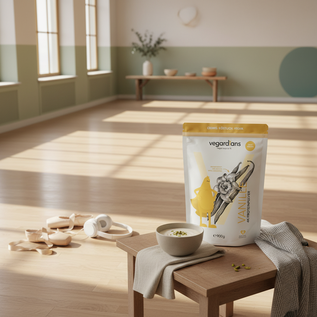 Leerer, sonnendurchfluteter Tanzboden mit Holzdielen, Tanzschuhen, Kopfhörern und dem Produkt aus den Referenzfotos auf kleinem Holztisch – Szene passend für Tanz-Workouts.