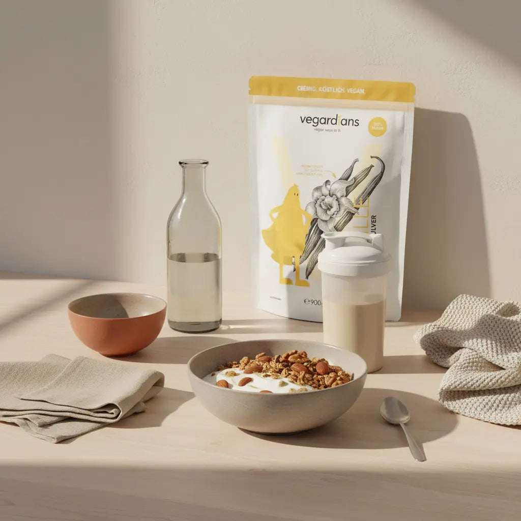 Minimalistische Morgenszene in einer europäischen Küche: nachhaltiger Holztisch mit Müsli, Glas Wasser, Proteinshake und Naturmaterialien – Tanzen zum Abnehmen