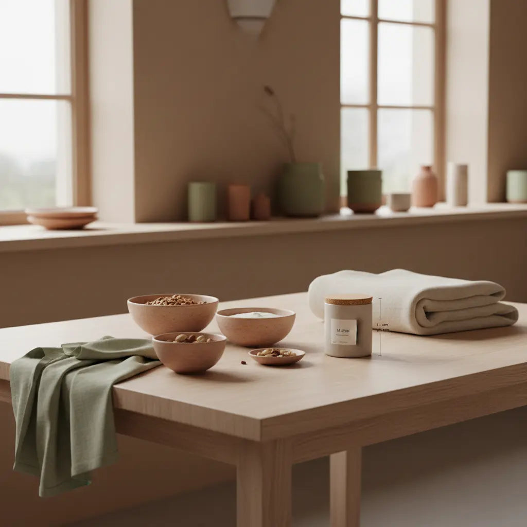 Minimalistisches Frühstück mit Granola, pflanzlichem Joghurt, Nüssen und Shake auf Holztisch in europäischer Küche – Tee und Eisenaufnahme.