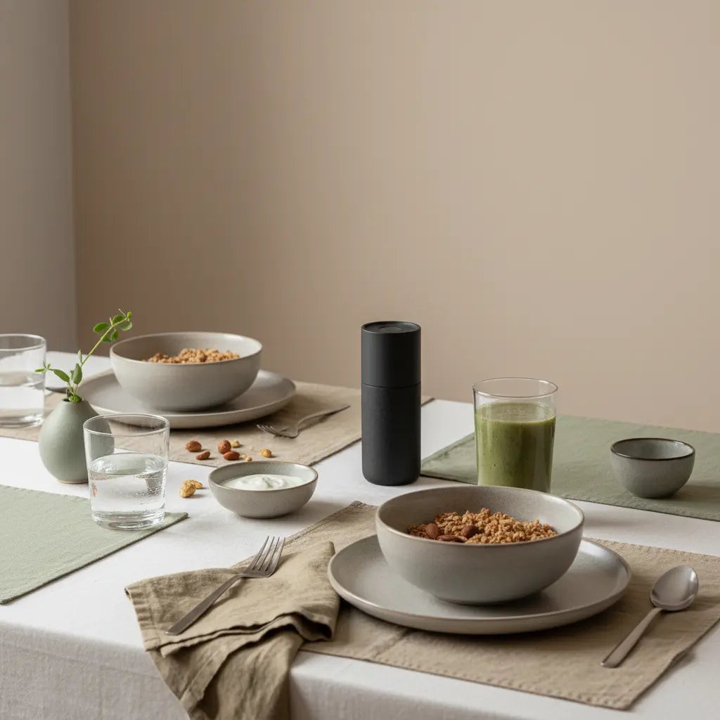 Thermomix auf nachhaltig gedecktem Tisch mit veganem Granola, Joghurt, Nüssen und Shake in minimalistischer Morgenlicht-Küche