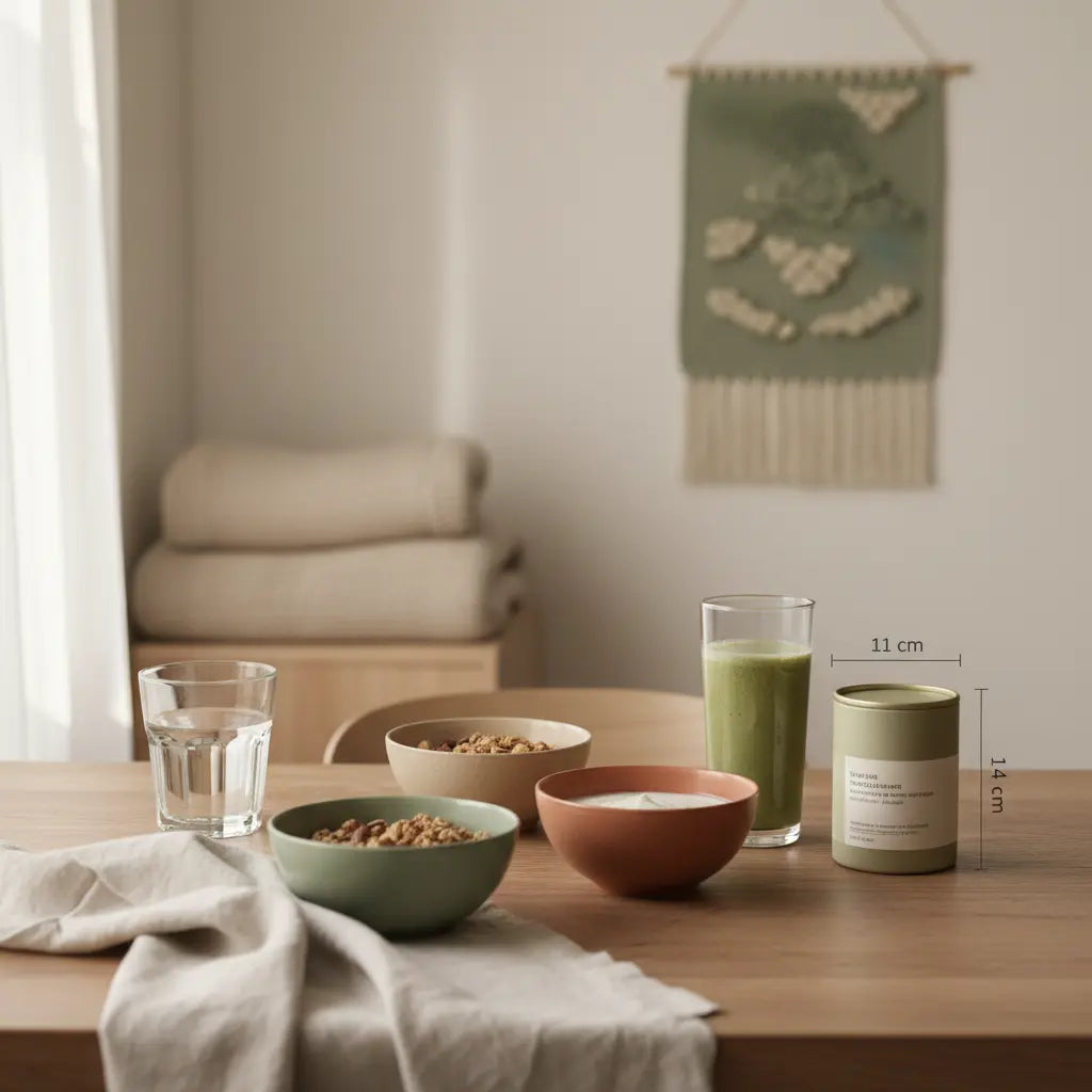 Vegardians-Stil: veganes Frühstück mit Granola, Joghurt, Nüssen und Shake auf nachhaltigem Tisch, bewusstes Styling, ohne tierisches eiweiß.