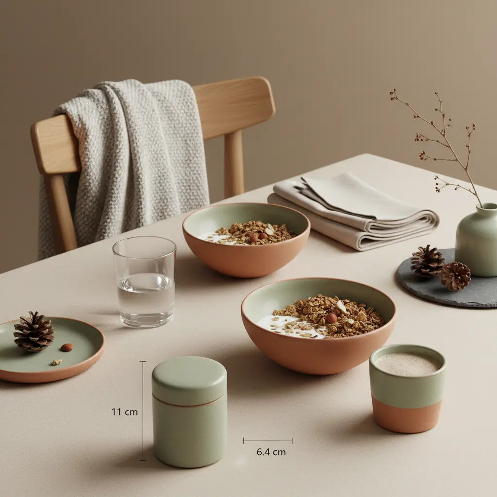 Ruhiges Morgenfrühstück mit Granola, Pflanzendrink, Shake und Wasserglas in einer europäischen Küche – Tipps gegen Winterblues, minimalistisch und nährend.