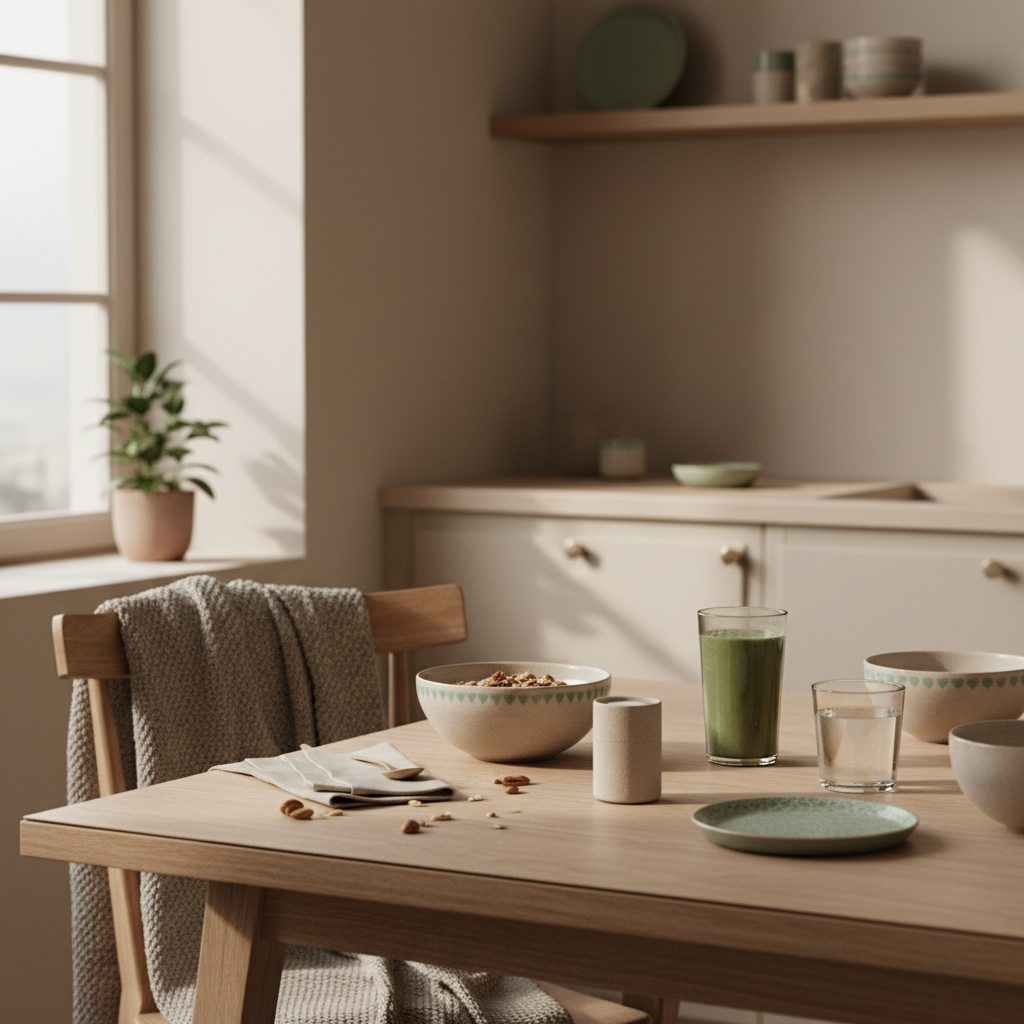 Minimalistisches veganes Frühstück in einer europäischen Küche bei sanftem Morgenlicht, Granola, pflanzlicher Joghurt und Shake auf dem Tisch; Produkt aus Referenzfotos sichtbar. Training bei Kälte.