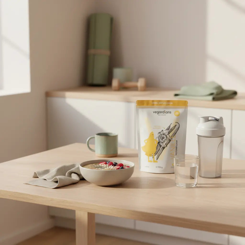 Minimalistische Morgenszene mit veganer Protein-Schale, Proteinshaker und Glas Wasser auf Holztisch, dezente Fitnessgeräte im Hintergrund – trainingsdauer anfänger gym