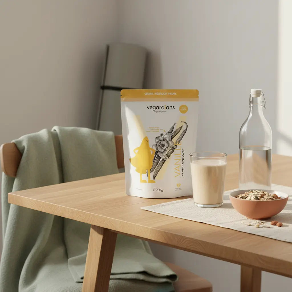 Minimalistische Morgenküche mit Yogamatte, Proteinshake, Haferflocken, Nüssen und Wasserflasche in nachhaltiger, nährender Stimmung zur trainingsdauer pro tag