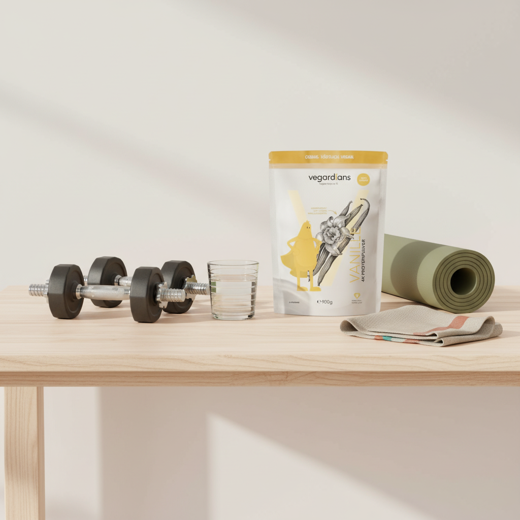 Minimalistische Gym-Szene mit Hanteln, Yogamatte und Glas Wasser auf hellem Holztisch — Balance von Training und Erholung; Trainingshäufigkeit Frau