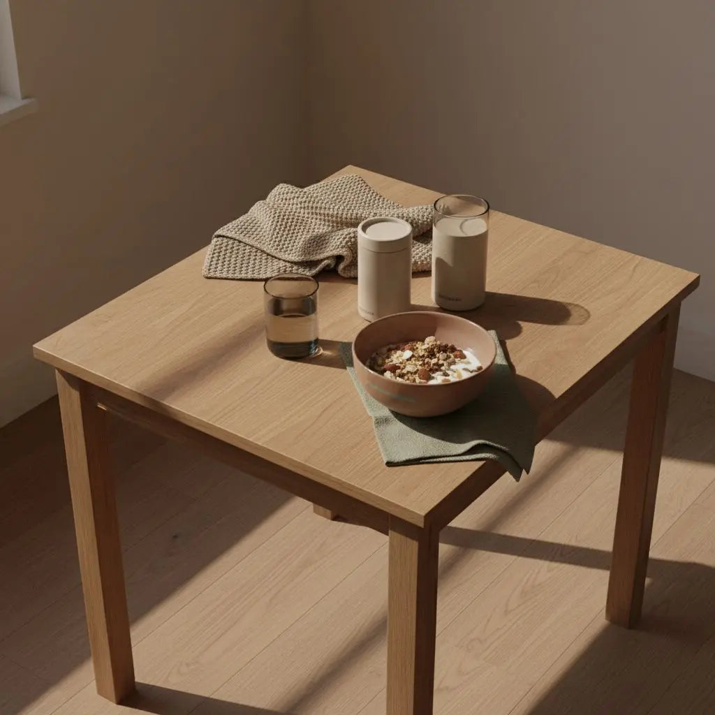 Minimalistische Frühstücksszene mit Müsli, pflanzlichem Joghurt, Nüssen und Proteinshake auf nachhaltigem Holztisch im Morgenlicht, trainingshäufigkeit frauen