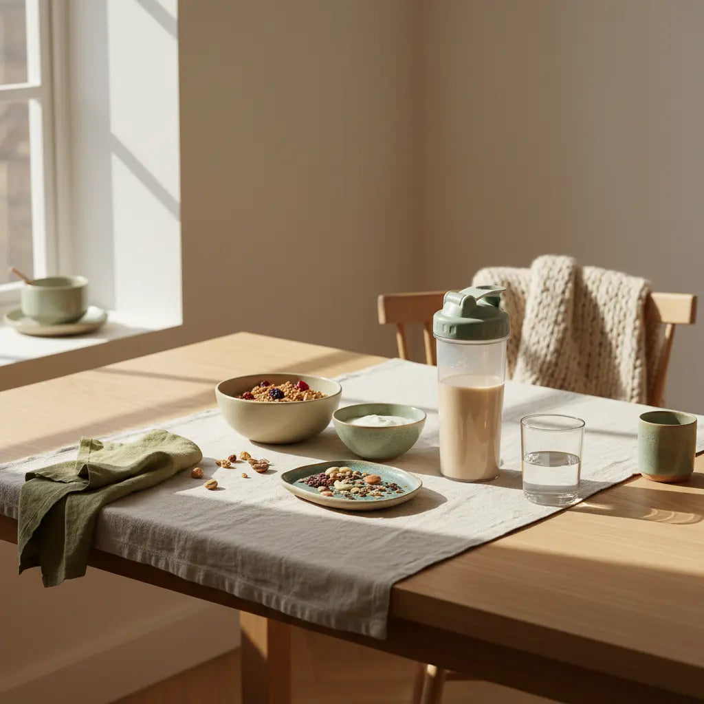 Veganes Frühstück mit Granola, pflanzlichem Joghurt, Nüssen und Shake auf minimalistischem Tisch in europäischer Küche im Morgenlicht — trainingsmotivation krafttraining