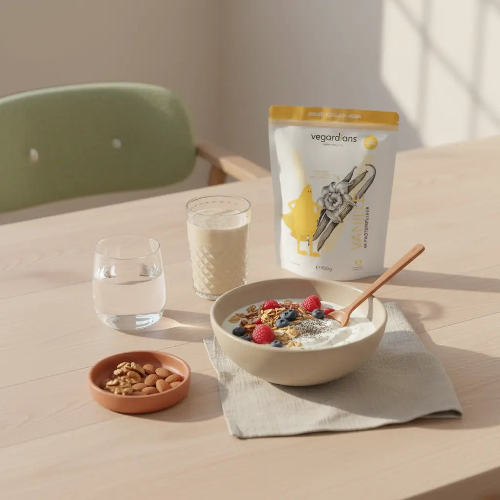 Realistische Frühstücksszene in europäischer Küche mit veganer Mahlzeit, Wasserglas und Produktbehälter auf nachhaltigem Tisch, sanftes Morgenlicht — trainingsplan abnehmen frauen